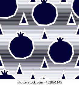 Seamless pattern with silhouette of pomegranate  and triangles in striped background.