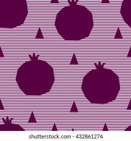 Seamless pattern with silhouette of pomegranate  and triangles in striped background.