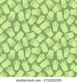 Patrón inoxidable con cactus de plantas macetadas de silueta, suculentos en forma de doodle aislados sobre fondo verde. Perfecto para textil, papel pintado, papel envuelto. Ilustración del contorno del vector.