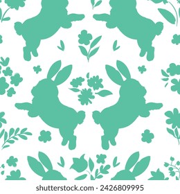 Seamless pattern silhouette rabbits run on the grass vector illustration hand drawn