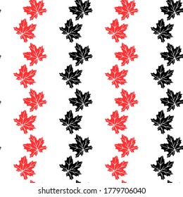 Patrón sin foco de hojas de silueta roja de arce negro aisladas en fondo blanco. Sencilla textura vectorial para tela, invitaciones, textiles para el hogar. Concepto de otoño, bosque, caída de hojas, acción de gracias