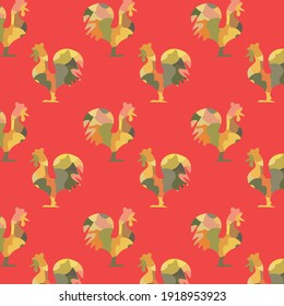 Seamless pattern with silhouette of rooster or cock with mosaic hand drawn pattern and red background perfect for backgrounds, textile design, celebration of lunar new year