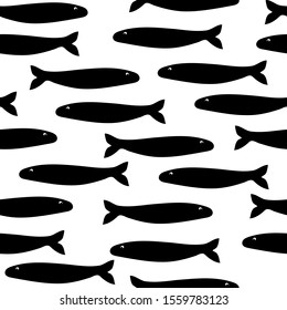 
Seamless pattern: silhouette of a school of fish on a white background. vector. illustration