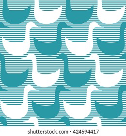 Seamless pattern with silhouette of sea bird in stripped background.