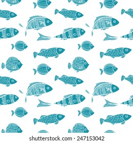 Seamless pattern with silhouette of sea fish. The summer pattern of blue fish in a hand drawn style. Summer background with seamless pattern of fish silhouette. 