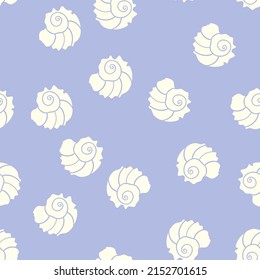 Seamless pattern with a silhouette of sea shells in a doodle style on a purple background. For textiles, wraps, backgrounds, covers and other designs.