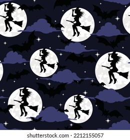 Nahtloses Muster mit einer Silhouette sexy Hexe und Fledermäuse, die im Nachthimmel fliegen.