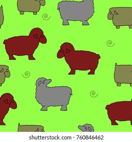 Seamless pattern, Silhouette of sheep collection (sheep sacrifice Kurban-bairam), cartoon on green background, vector