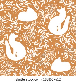 Seamless pattern with silhouette of sleep and dream fox, orange berries and leaves. Floral background with animals. Illustration for fabric, textile, packaging paper, wallpaper. Vector illustration.