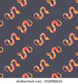 Seamless pattern with silhouette of snake with mosaic hand drawn pattern and dark violet background perfect for backgrounds, textile design, celebration of lunar new year
