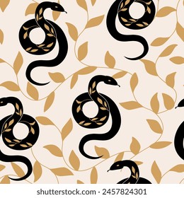 Seamless pattern with silhouette of snakes and leaf branches. Vector flat background in boho style