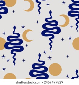 Seamless pattern with silhouette of snakes, moon and stars. Vector flat background in boho style