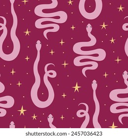 Seamless pattern with silhouette of snakes and stars. Vector flat background in boho style
