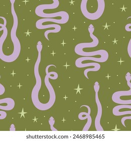 Seamless pattern with silhouette of snakes and stars. Vector flat background in boho style	