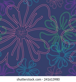 Seamless pattern with  silhouette of spring flowers on dark blue background.