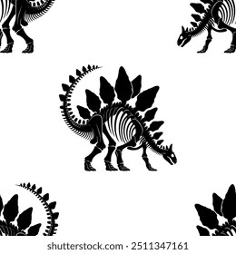 Padrão sem costura com esqueleto de stegosaurus silhueta no fundo branco