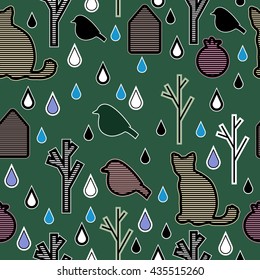 Seamless pattern with silhouette of striped cat, brunchlet, bird, house, pomegranate and raindrops  in green background. 