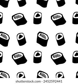 Seamless pattern with silhouette sushi. Black-white asian food background. 