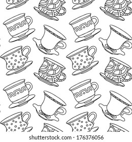 Seamless pattern with silhouette tea cups, coffee cups, mugs - vector