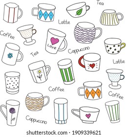 Seamless pattern with silhouette tea cups, coffee cups, mugs - vector