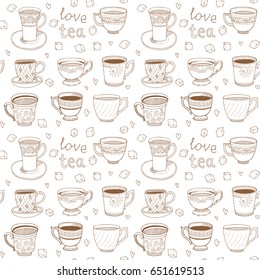 Seamless pattern with silhouette tea cups, coffee cups, mugs - vector