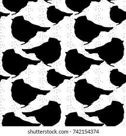 seamless pattern silhouette tit  plump bird, looking up vector illustration
