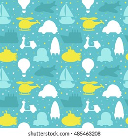 Seamless pattern with silhouette of transport. Cute background. Vector illustration