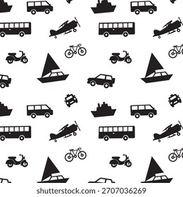 Patrón sin fisuras de vehículos de Transporte de la silueta: coches, autobuses, barcos, aviones y motocicletas Ilustración vectorial