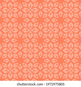 Seamless pattern with a pattern of the silhouette of tulips and leaves. Design in coral, orange for printing, packaging, fabric. Electric Tangerine. Damascus styling. Vector illustration