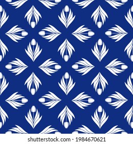 Seamless pattern with a pattern of the silhouette of tulips and leaves. Design in blue for printing, packaging, fabric. Damascus styling. Vector illustration