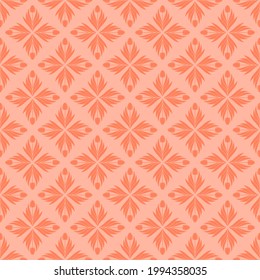 Seamless pattern with a pattern of the silhouette of tulips and leaves. Design in coral, orange for printing, packaging, fabric. Electric Tangerine. Damascus styling. Vector illustration