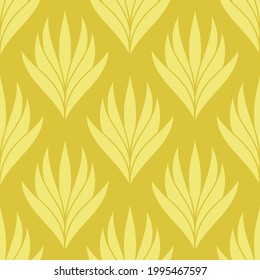 Seamless pattern with a pattern of the silhouette of tulips and leaves. Design in gold and yellow for printing, packaging, fabric. Damascus styling. Vector illustration