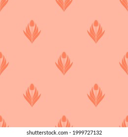 Seamless pattern with a pattern of the silhouette of tulips and leaves. Design in coral, orange for printing, packaging, fabric. Electric Tangerine. Damascus styling. Vector illustration