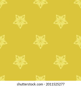 Seamless pattern with a pattern of the silhouette of tulips and leaves. Design in gold and yellow for printing, packaging, fabric. Damascus styling. Vector illustration