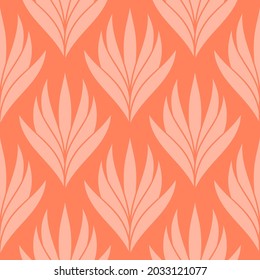 Seamless pattern with a pattern of the silhouette of tulips and leaves. Design in coral, orange for printing, packaging, fabric. Electric Tangerine. Damascus styling. Vector illustration