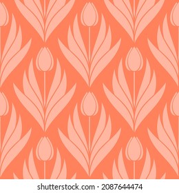 Seamless pattern with a pattern of the silhouette of tulips and leaves. Design in coral, orange for printing, packaging, fabric. Electric Tangerine. Damascus styling. Vector illustration