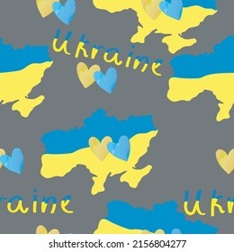 Seamless pattern with silhouette of Ukraine and blue-yellow hearts. Vector graphics	