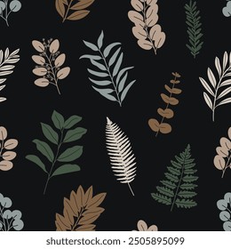 Seamless pattern of silhouette willow, spiral, seeded eucalyptus, magnolia, bay, fern, rosemary, olive natural leaves. Earthy warm palette. Hand drawn vector illustration