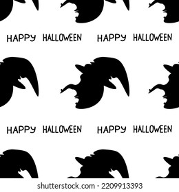 Seamless pattern with a silhouette of a witch on a white background with inscription Happy Halloween. The black negative of the witch's profile. Wrapping paper for Halloween. Halloween concept.