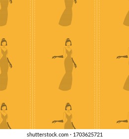 seamless pattern with silhouette of an woman in a long yellow dress with black polka dots