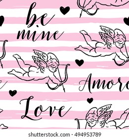 Seamless pattern with silhouettes of angel, Amur, Cupid, heart and calligraphic text LOVE, AMORE. Valentine`s Day color background, Love concept for flyer, posters, card and other uses.