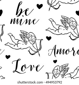Seamless pattern with silhouettes of angel, Amur, Cupid, heart and calligraphic text LOVE, AMORE. Valentine`s Day color background, Love concept for flyer, posters, card and other uses.