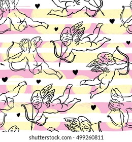 Seamless pattern with silhouettes of angel, Amur, Cupid, heart. Valentine`s Day color background, Love concept for flyer, posters, card and other uses.