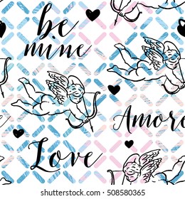 Seamless pattern with silhouettes of angel, Amur, Cupid, heart and calligraphic text LOVE. Valentine`s Day color background for flyer, posters, card and other uses.