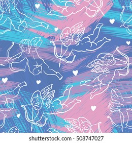 Seamless pattern with silhouettes of angel, Amur, Cupid, heart and calligraphic text LOVE. Valentine's Day color background, Love concept for flyer, posters, card and other uses.