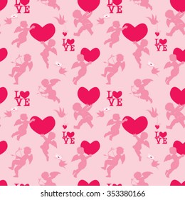 Seamless pattern with silhouettes of angel, heart, bird and calligraphic text LOVE. Valentine`s Day pink background, Love concept.