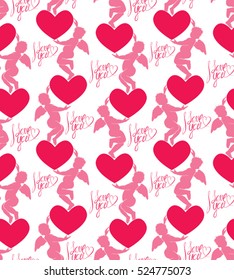 Seamless pattern with silhouettes of angel and heart. Calligraphic text I love you. Happy Valentine`s Day pink background, Love concept.