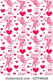 Seamless pattern with silhouettes of angel and heart, calligraphic text You are my Angel. Happy Valentine`s Day pink background, Love concept.