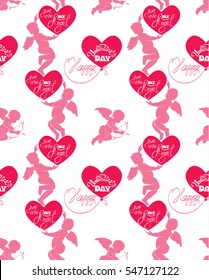 Seamless pattern with silhouettes of angel and heart, calligraphic text You are my Angel and Happy Valentine`s Day. Pink background, Love concept.