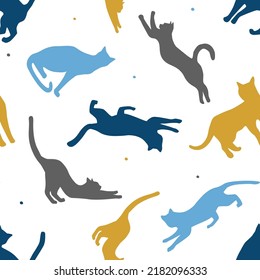 Nahtlose Muster von Silhouetten von Tieren in verschiedenen Posen. Cute Katzen spielen, springen. Vektorgrafiken.